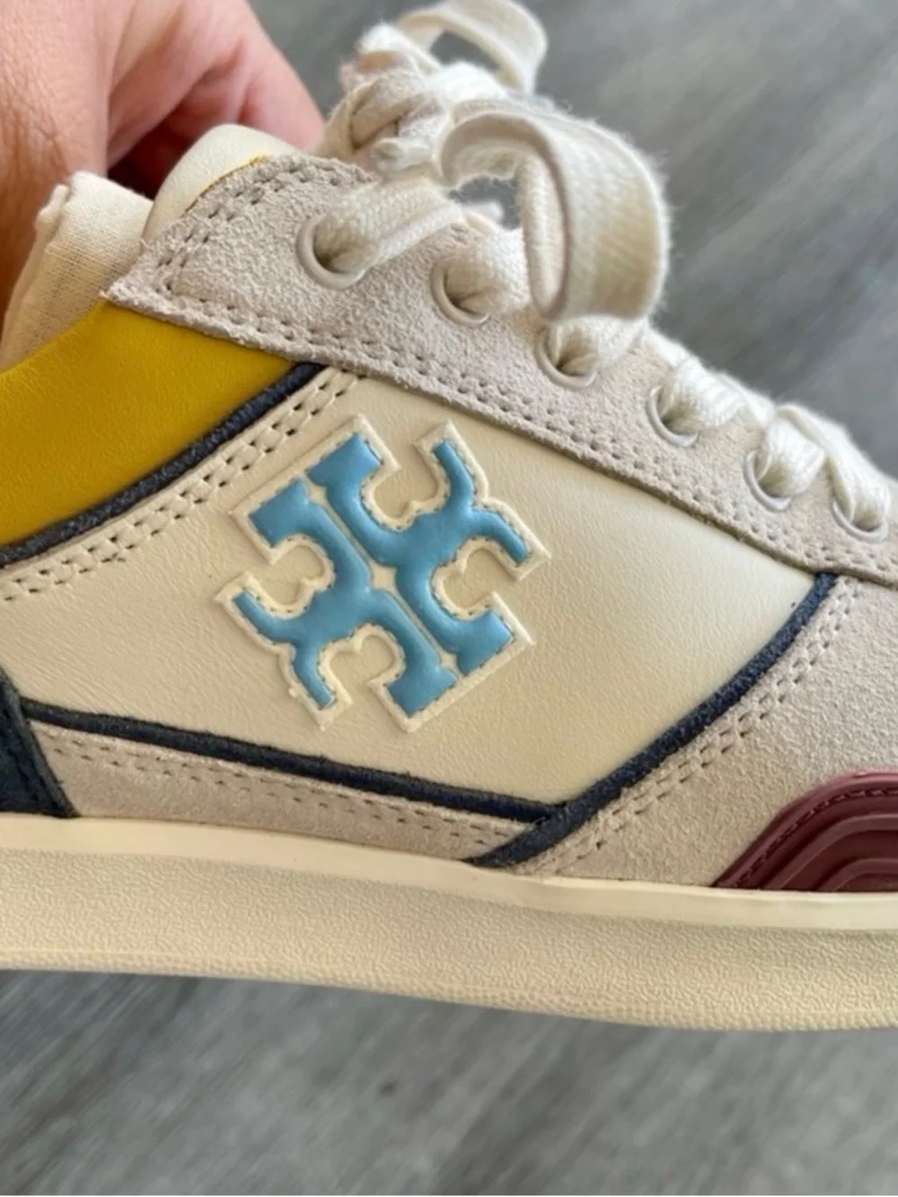 Tory Burch White Leather Sneaker with Light Blue Logo & Yellow Accent